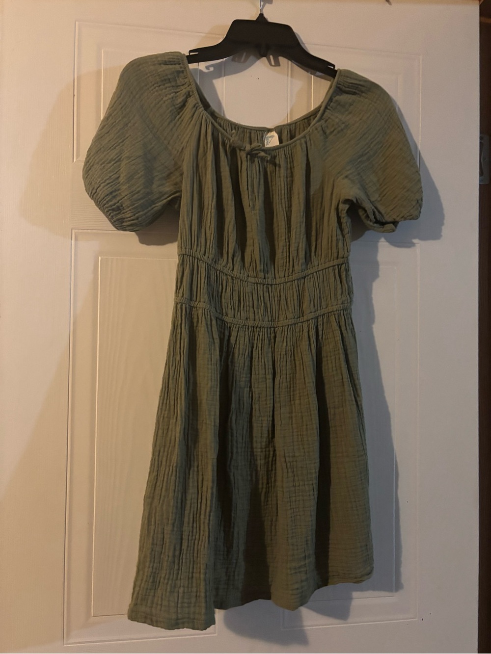 Girls' Sage Green Puff-Sleeve Cotton Dress